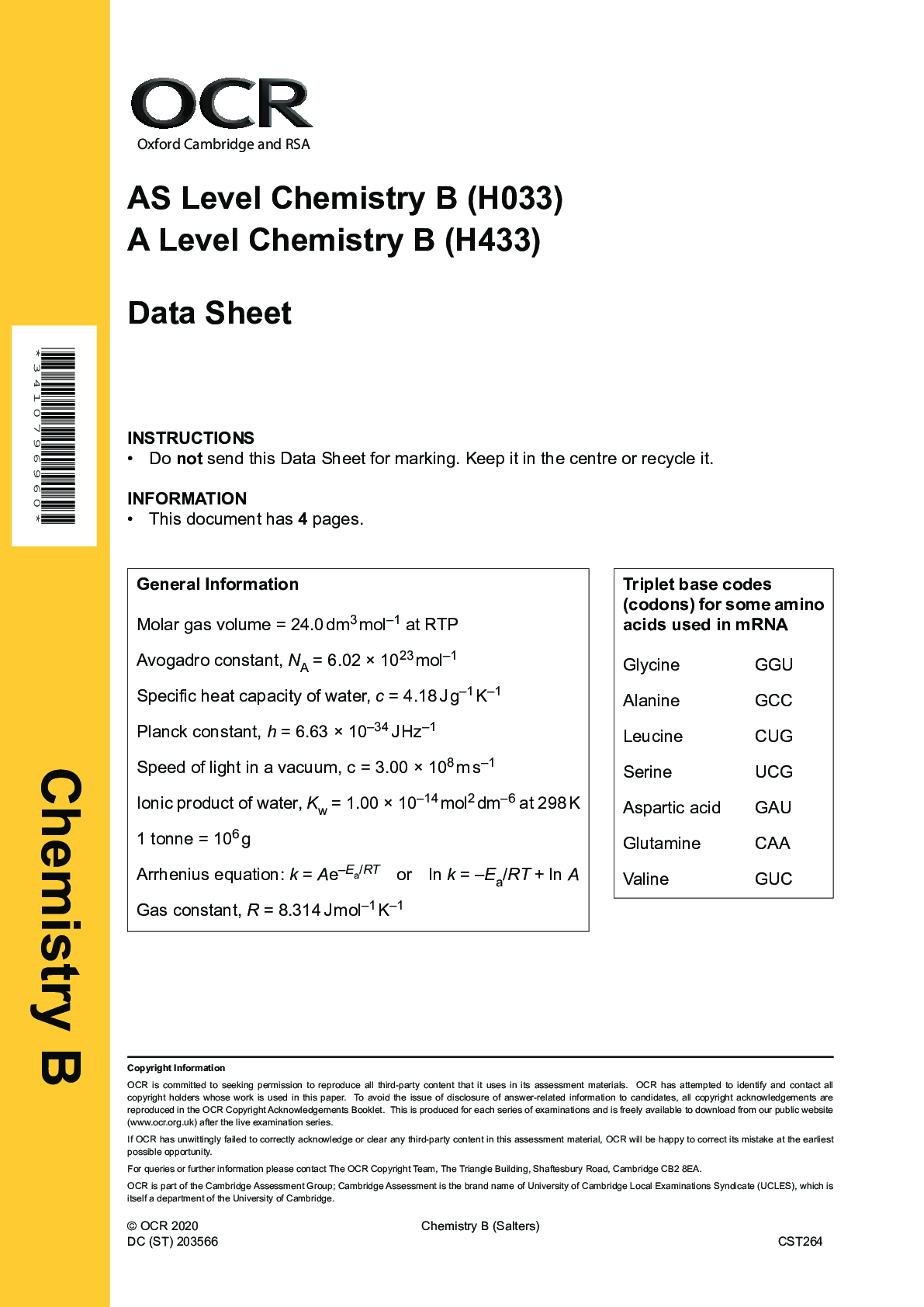 Preview of >_ AS Level Chemistry B (H033) || A Level Chemistry B (H433) || Data Sheet Oct 2021